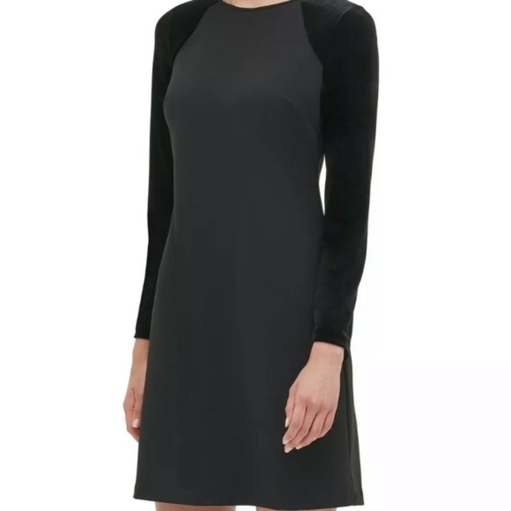 Tommy Hilfiger Velvet-Sleeve Black A-Line Dress,10